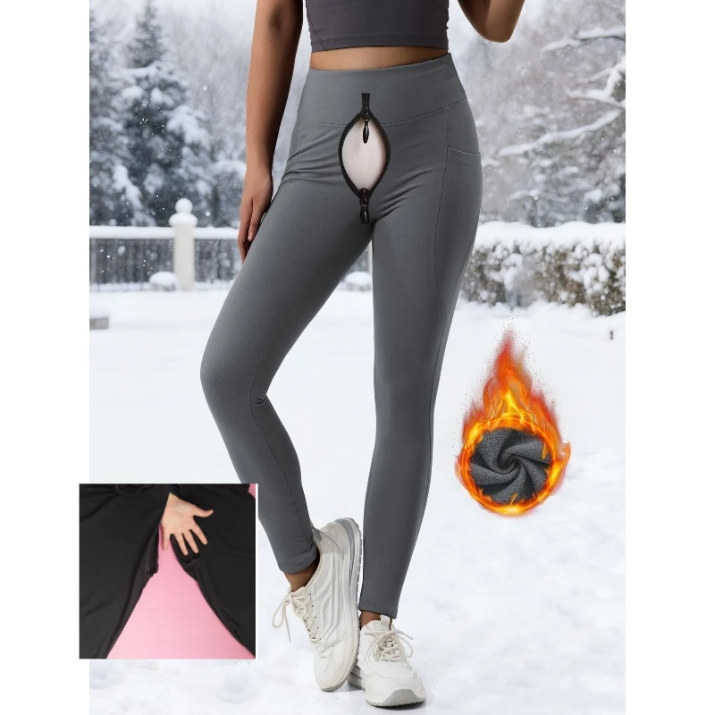 

Women's Open Crotch Trousers Pockets Autumn and Winter Fleece Leggings High Waist Pockets Sports Yoga Pants Thermal Leggings