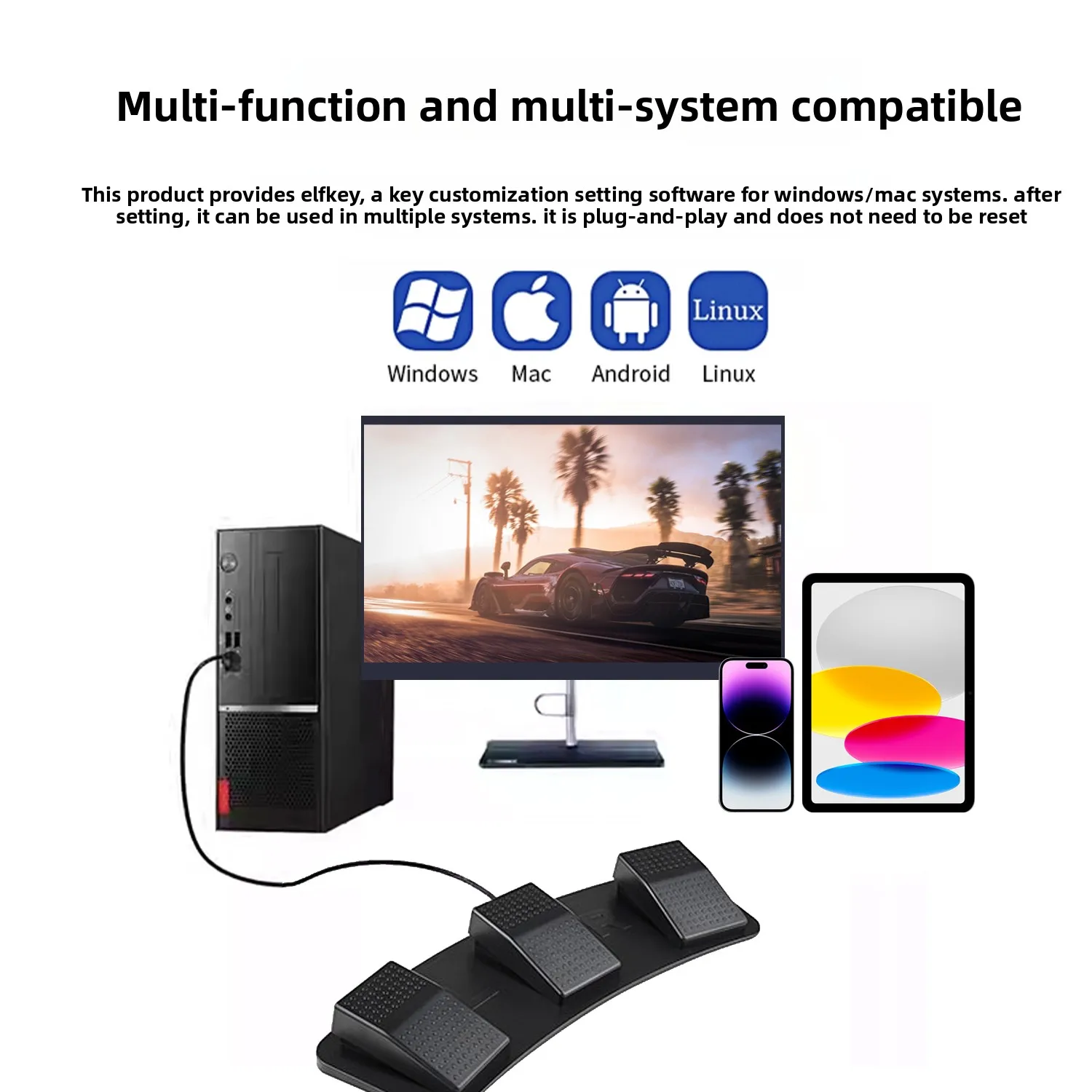 Custom USB Silent Footswitch, PC Game Foot-Activated Keyboard Mouse Binding, Multi-Function Programmable Pedal, Low-Noise Press