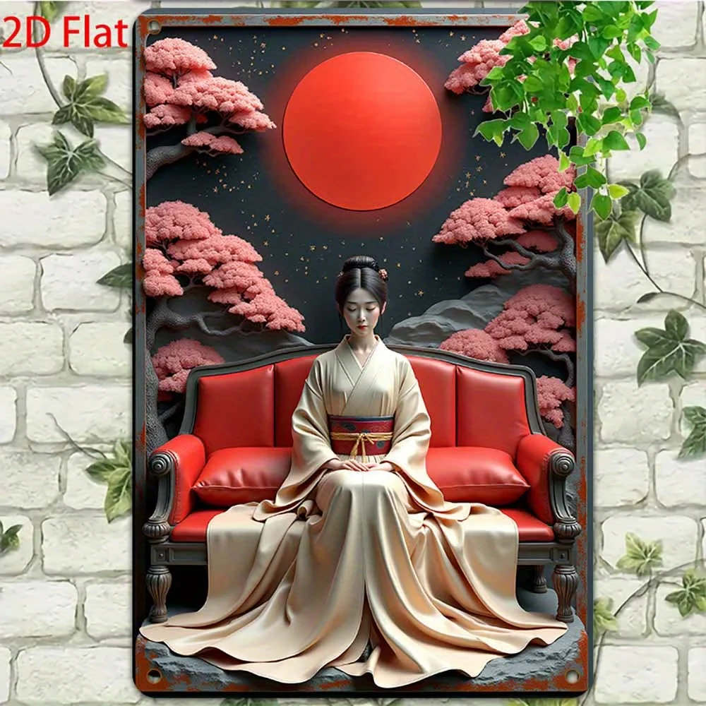 2D Flat Retro Aluminum Wall Art Sign, Japanese-Inspired Cherry Blossom & Kimono Woman Design, Decorative Plaque for Home