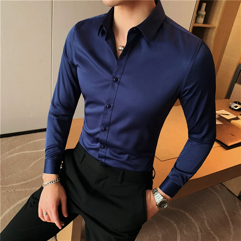 Four Season Wear Gentleman Social Party Regular Fit Purple White Black Button Down Long Sleeve  Men Tuxedo Shirts