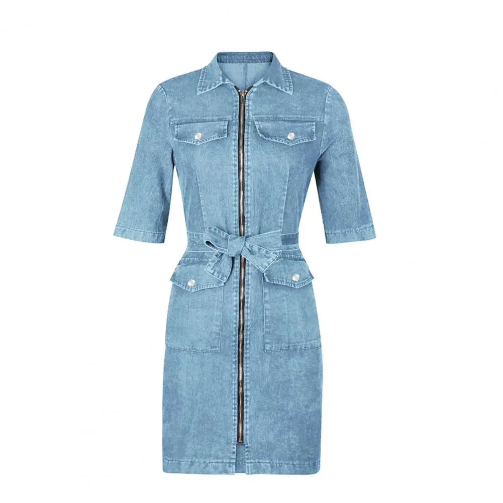 Denim Dress Female Sexy Summer Women's Zipper Casual V Neck Short Sleeve Slim-Fit Mini Dress Denim Faux Jean Dress платье