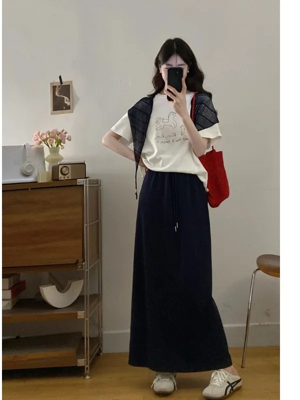 

plus Size Casual Print T-Shirt Women's Summer New High Waist Half Body Skirt Set with Shoulder Shawl Lazy Style Fashion Ensemble