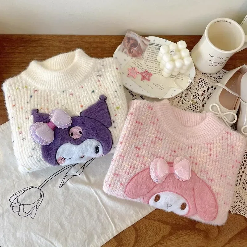 

Autumn Winter New Children Thicken Mink Velvet Sweaters Girls Kuromi MY Melody Knitted Sweaters Kids Soft Warm Pullover Clothing
