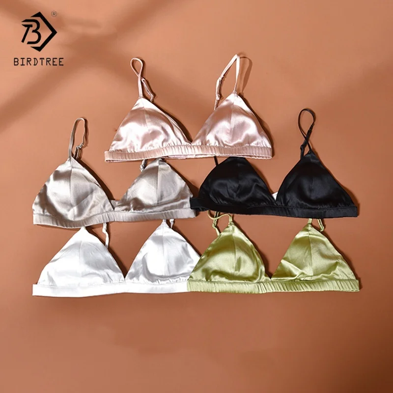 Birdtree 93% шелковый бюстгальтер из 7% спандекса, женский беспроводной бюстгальтер без косточек с треугольными чашками, нижнее белье, здоровая осень 2022, новинка A5N213JF