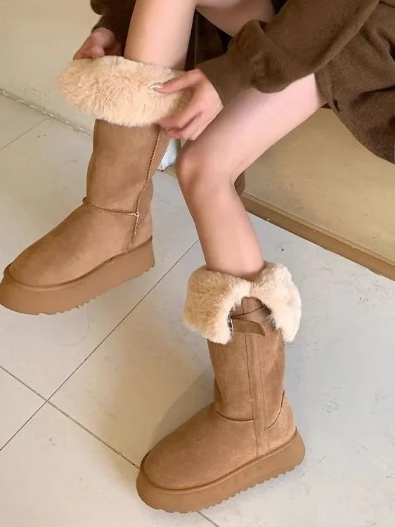 

Winter 2025 High-Tube Snow Boots eepskin Fur Inteated Fce Thi Bot Long Boots Warm Casual Sle Bule Element