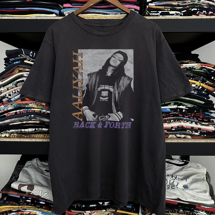 Rare Aaliyah Back and Forth Washed Black Tee Y2K Style Underground Print Loose Fit Retro Summer