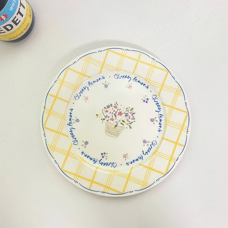 Korean style ceramic flower letter plate yellow plaid breakfast plate creative pastoral style cute girl heart home plate