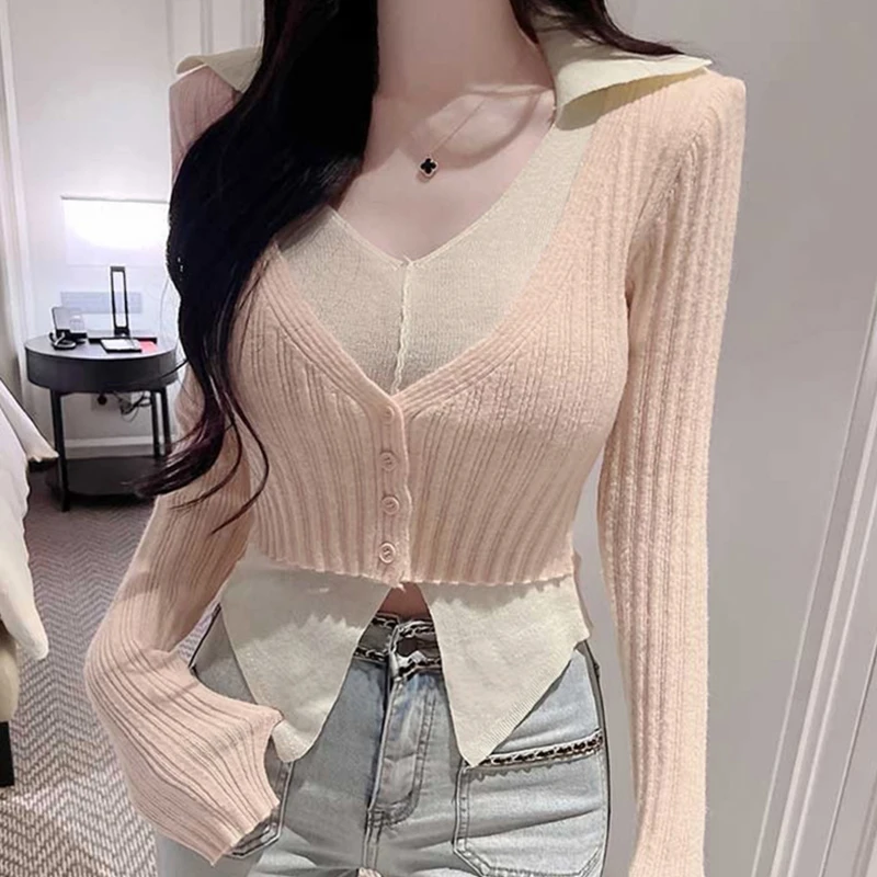 

Women's Sexy Fake Two-Piece Layering Top Korean-style Turn-Down Collar Color Blocking Knit Casual Pullover V-neck Button Sweater