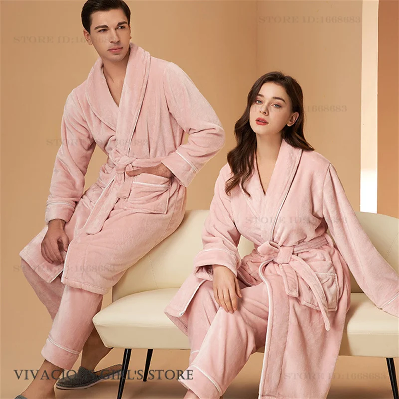 Thicken Flannel Robe Pajamas 2PCS Set Couple Sleepwear Winter New Bathrobe Trouser Woman Night Clothes Coral Fleece Homewear