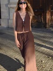2024 Summer Women Brown V-Neck Sleeveless Lace Up Cardigan Slim Vest+ A Line Casual Loose Skirt 2 Pieces Set For Holiday