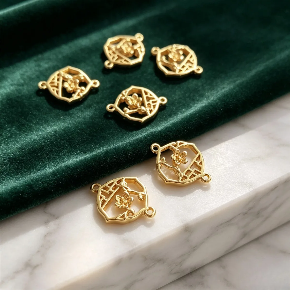 Brass 14K Gold Plated Plum Blossom Window Double Loop Connector Charms DIY Ancient Hairpin Earring Jewelry Accessories