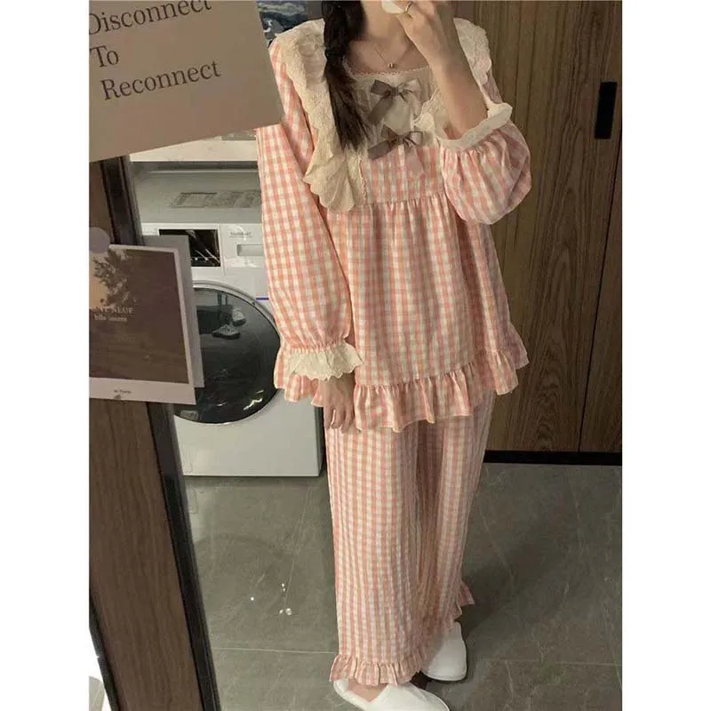 Lace Women Pajamas Set for Home Plaid Ruffles Sleepwear Long Sleeve Pants Suit 2 Pieces Autumn Korean Square Collar Night Wears