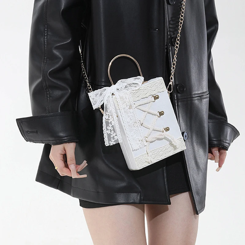 Women Cute Princess Style Daily Commuting Bow Lace Border Box Bag Lolita Elegant Pleated Skirt Hem Diagonal Cross Handbag