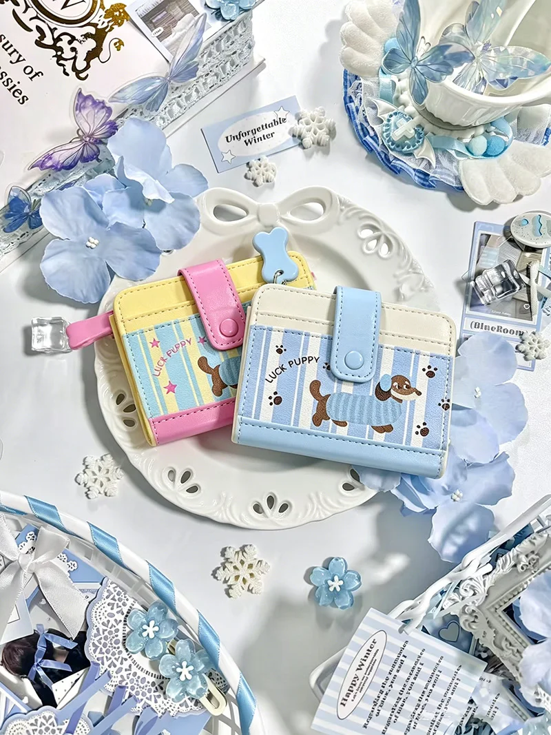 BUYLEMO Cartoon Dachshund PU Snap Button Short Wallet, Multi-slot Zippered Coin Purse & Card Holder