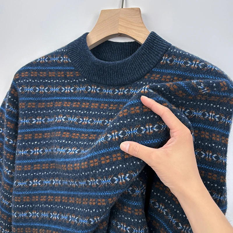 

100% Sheep Wool Retro Men Clothes 2025 Autumn Winter Thick Striped Cashmere Wool Sweater Long Sleeve Warm Jumper Pullover Tops