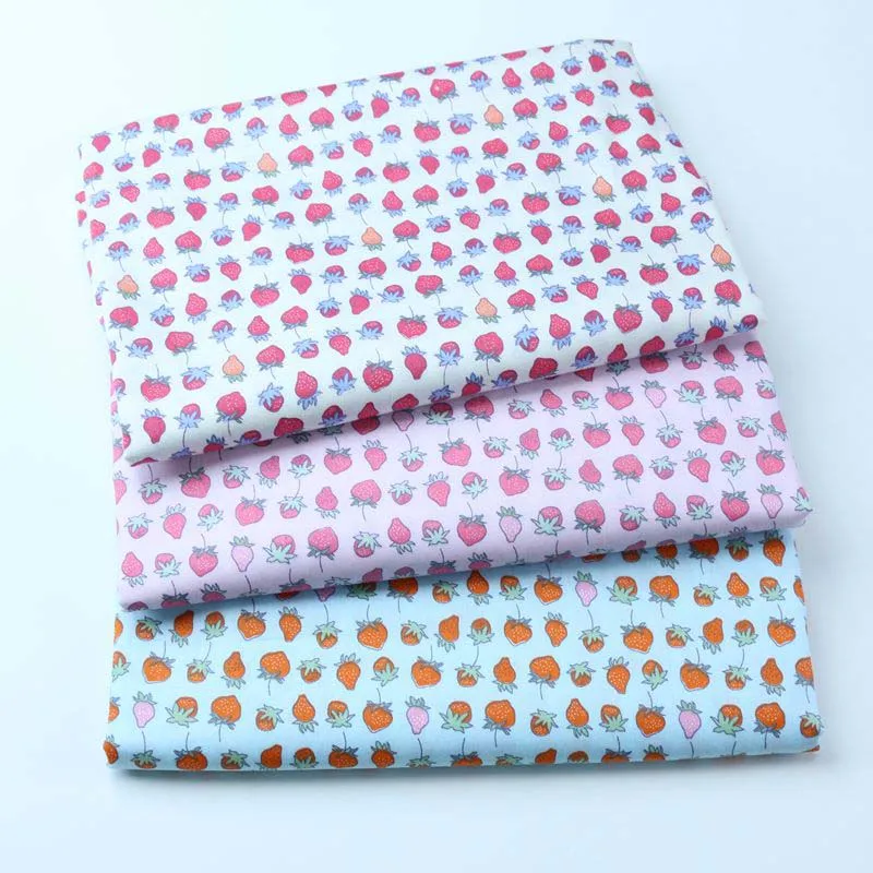 100% Cotton Twill Fabrics Small Light Yellow Blue Pink Red Small Strawberry Fruit for Summer Dress Blouse Craft Quilt Patchwork