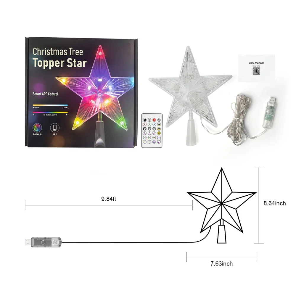 19cm RGB gwiazda na szczyt choinki bożonarodzeniowej gwiazda LED Led świecące światła Xmas Pentagram Ornament wodoodporny dekoracja zewnętrzna 2024