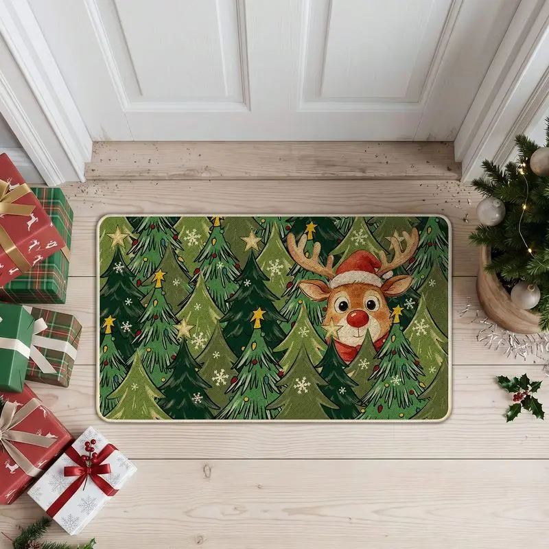 VIKAMA Christmas Door Mat Cartoon Reindeer Red Nose Christmas Tree Star Snowflake Non Slip Entryway Rug Holiday Decor Washable