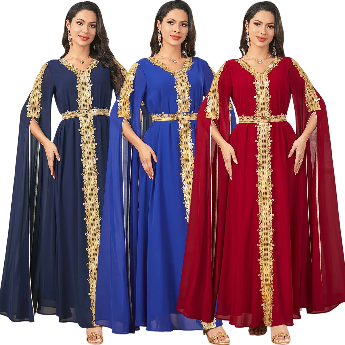 3917 Dubai Elegant Evening Dress Long Skirt with Gold Lace Splicing and Extra Long Sleeves Dress Muslim Clothing