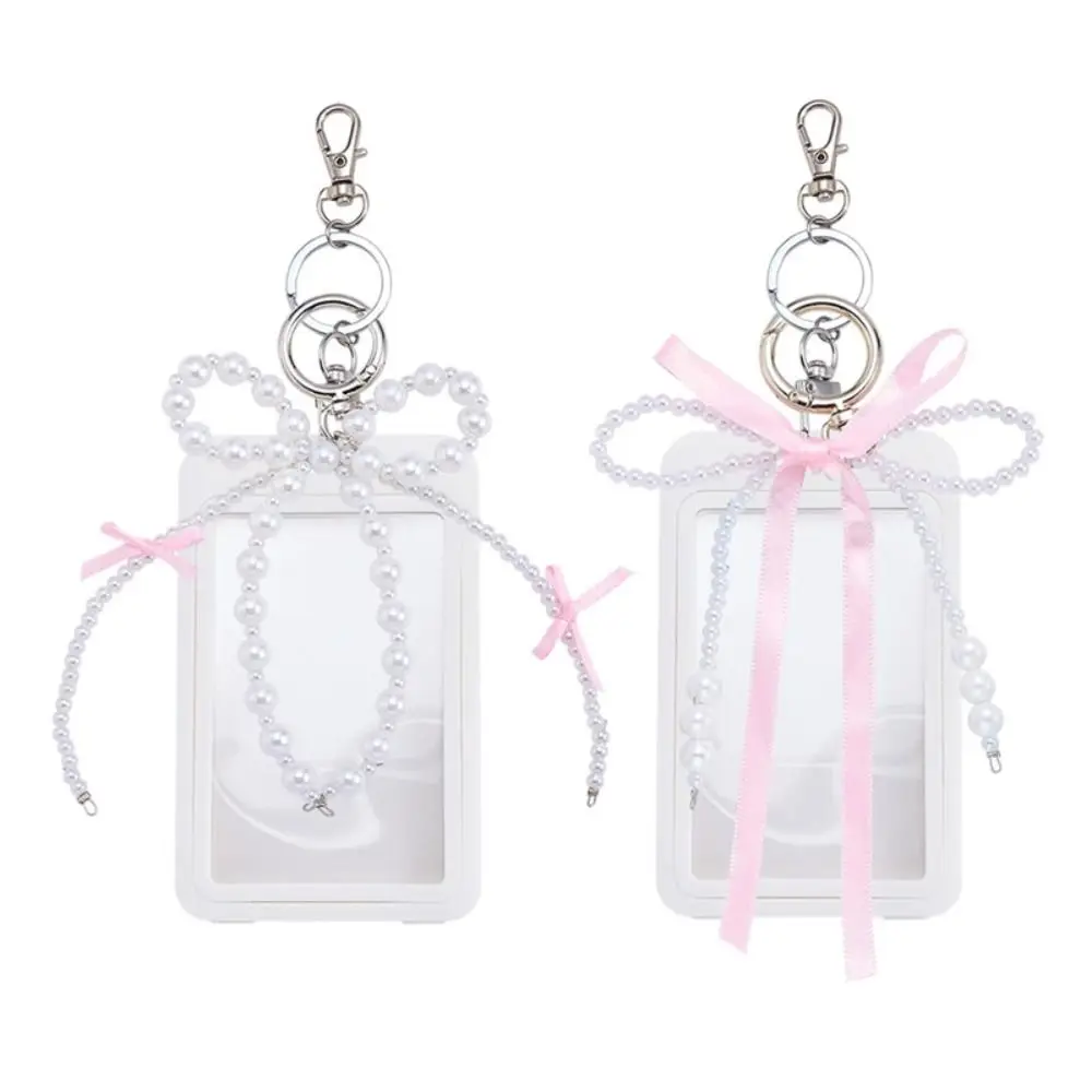 Stylish Hard Acrylic Photocard Holder Pearl Bow Decorative Photocard Case Transparent Protective ID Card Case Keychain
