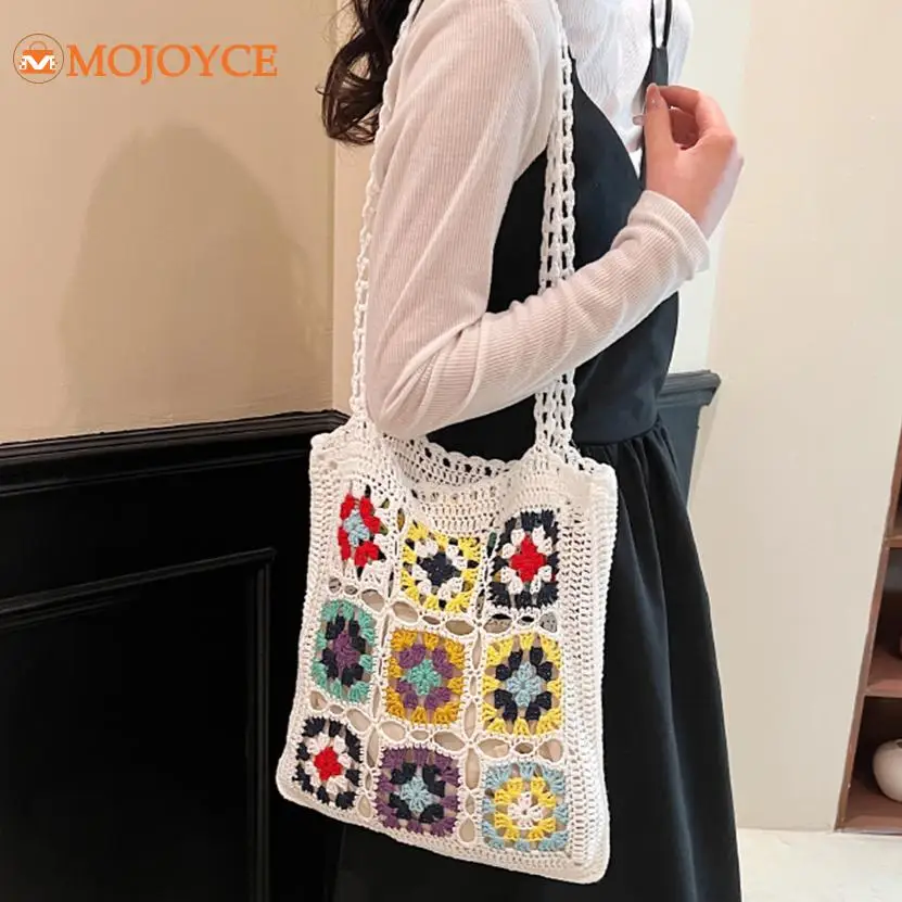 Summer Hollow Out Beach Shoulder Bag 2023 Bohemian Flower Crochet Colorful Bags Knitting Aesthetics Shopper Bag Women's Handbags