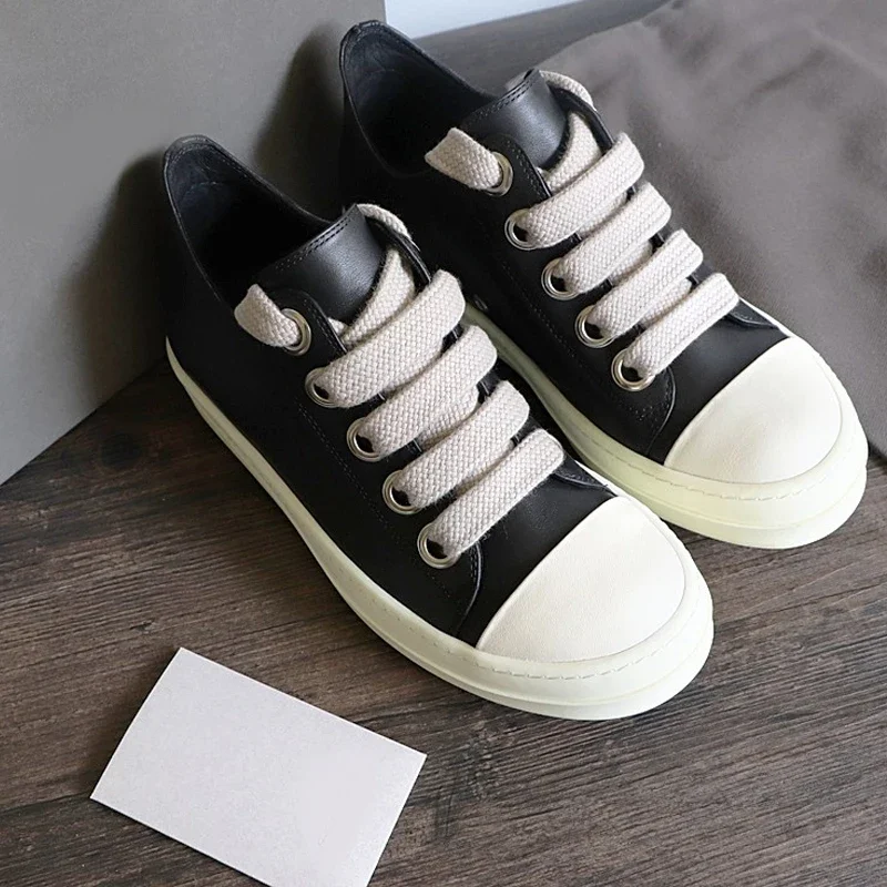 

2024 RO Men's Shoes Genuine Leather Jumbo Shoelace Women's Sneakers Fashion Black Lace-up Owens Men's Casual Shoes