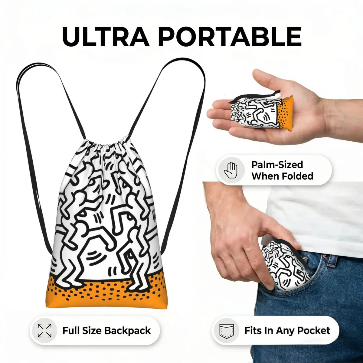 Keith Haring O Drawstring Backpack hiking cycling Bag Portable Travel Drawstring Bag for Men Women