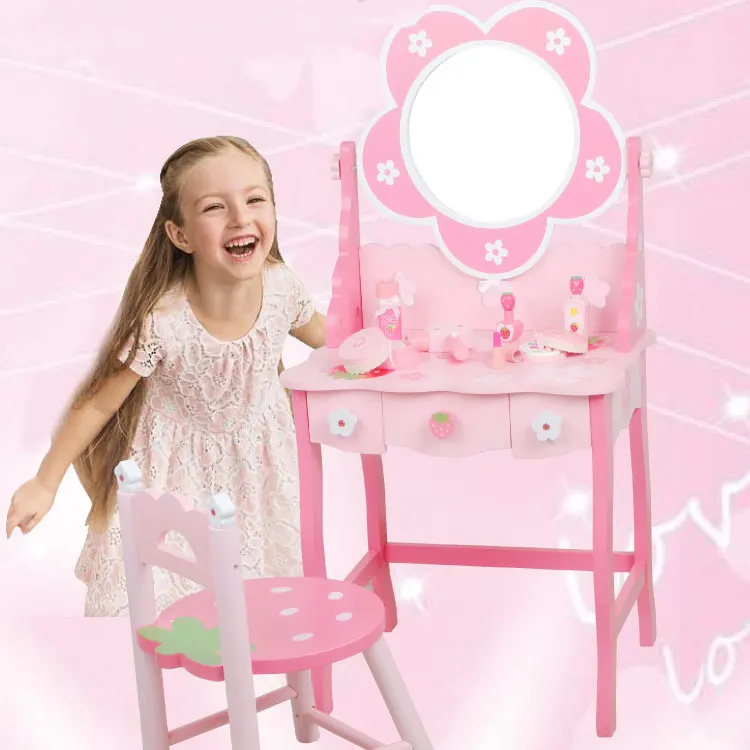 새로운 나무 핑크 꽃무늬 대형 어린이 화장대 세트 장난감 (거울 포함)