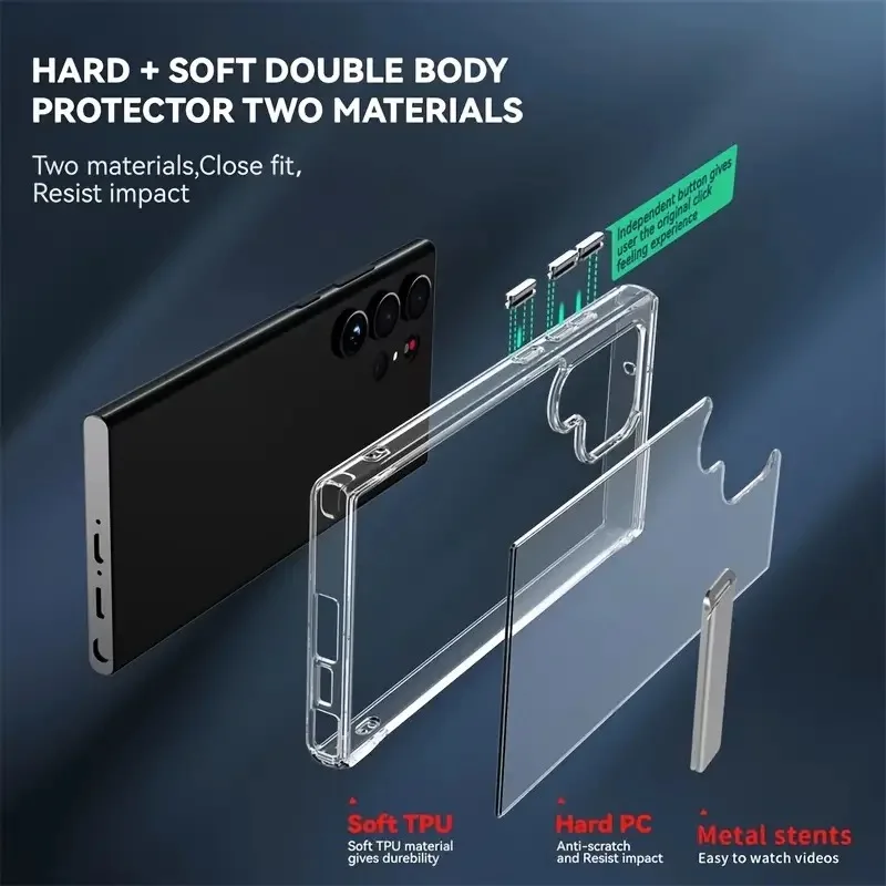 Clear Mobile Phone Case with Metal Kickstand for Samsung Galaxy S23 Ultra Plus 22 S24 Stand Cases Shockproof Back Cover