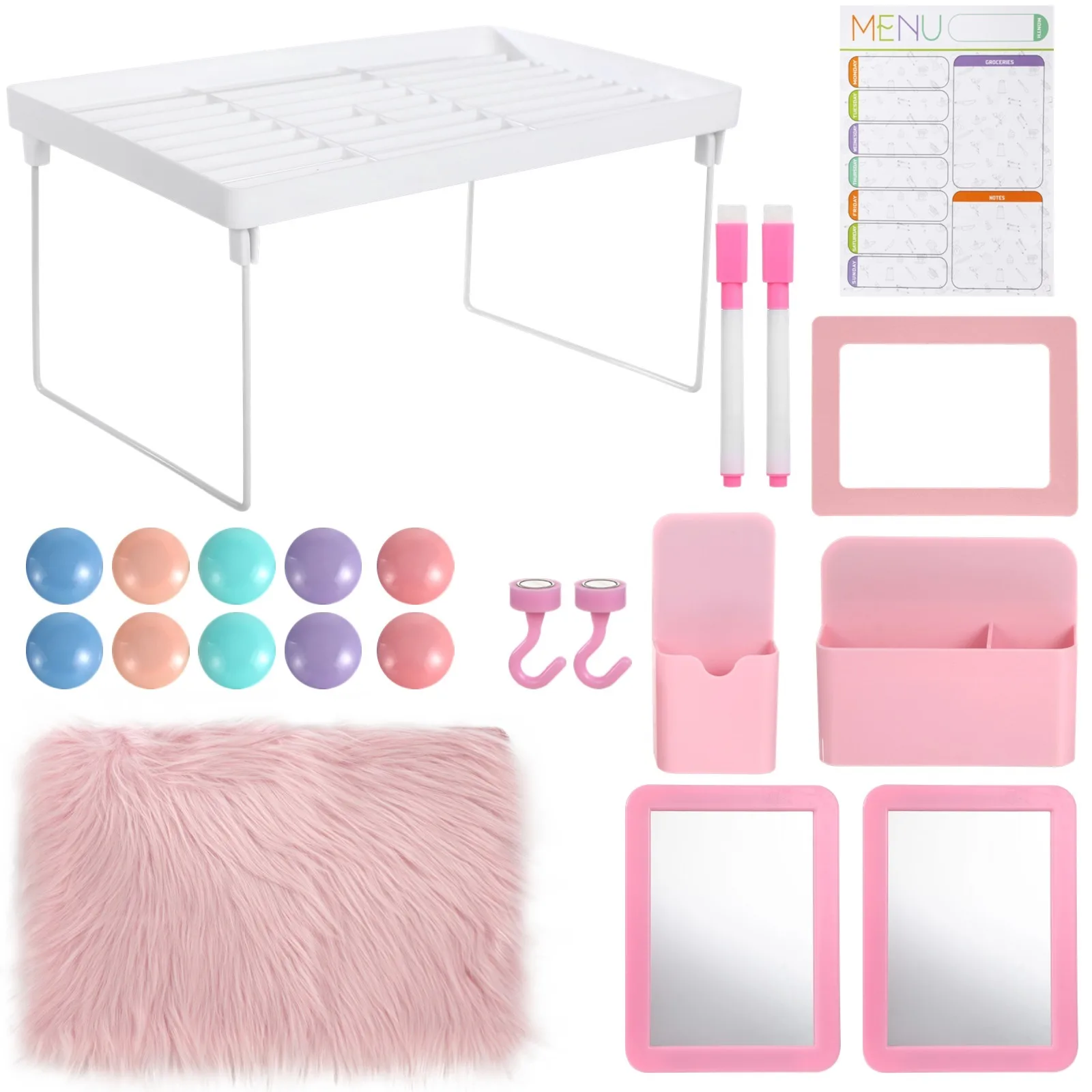 22Pcs Locker Organizer Kit Pink Locker Accessories Locker Organizing Decor Locker Shelf With Fluffy Rug Adsorptive Mirror Box