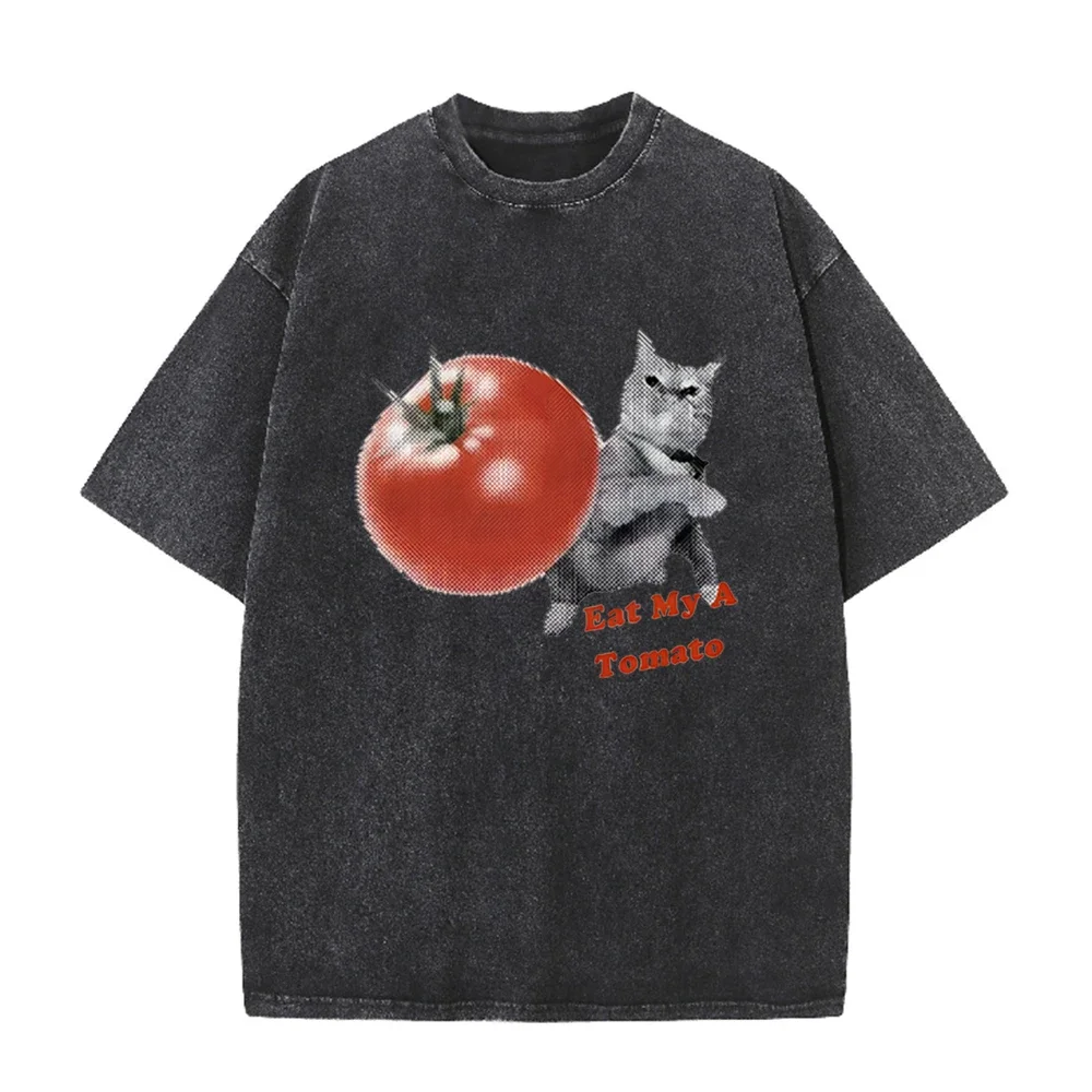 2026 Unisex Funny Cat Meme T Shirt Tomato Throwing Kitten Print Couple Plus Size Casual Short Sleeve Comfortable Summer Tops