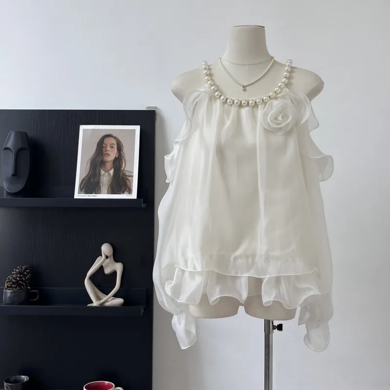 Elegant Ruffle Lace Up Shirt Women Solid See Through Long Flare Sleeve Loose  Shirts 2025 Fashion Summer Pleated Top