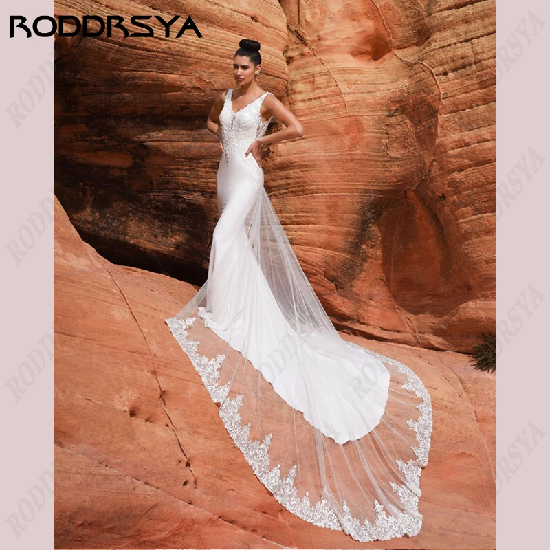 RODDRSYA-vestidos de novia de sirena para mujer, ropa de satén suave, Sexy, con cuello en V, sin mangas, Espalda descubierta, para playa-vestidos de novia de sirena para mujer, ropa de satén suave, Sexy, con cuello en