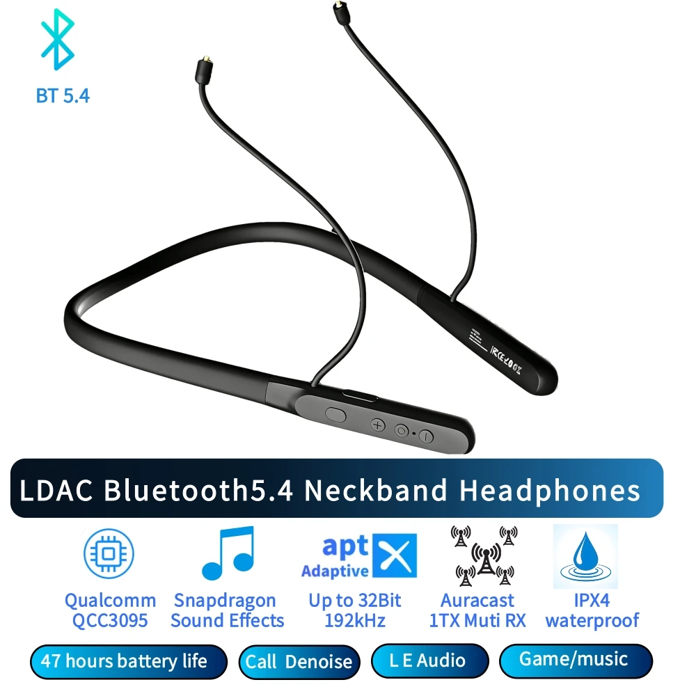 Auriculares con Banda para el Cuello LDAC Bluetooth 5.4, QCC3095 Aptx LL/HD/Adaptive/LC3, Sin Pérdidas, Latencia Ultrabaja, 47 Horas de Duración, MMCX/0.78MM