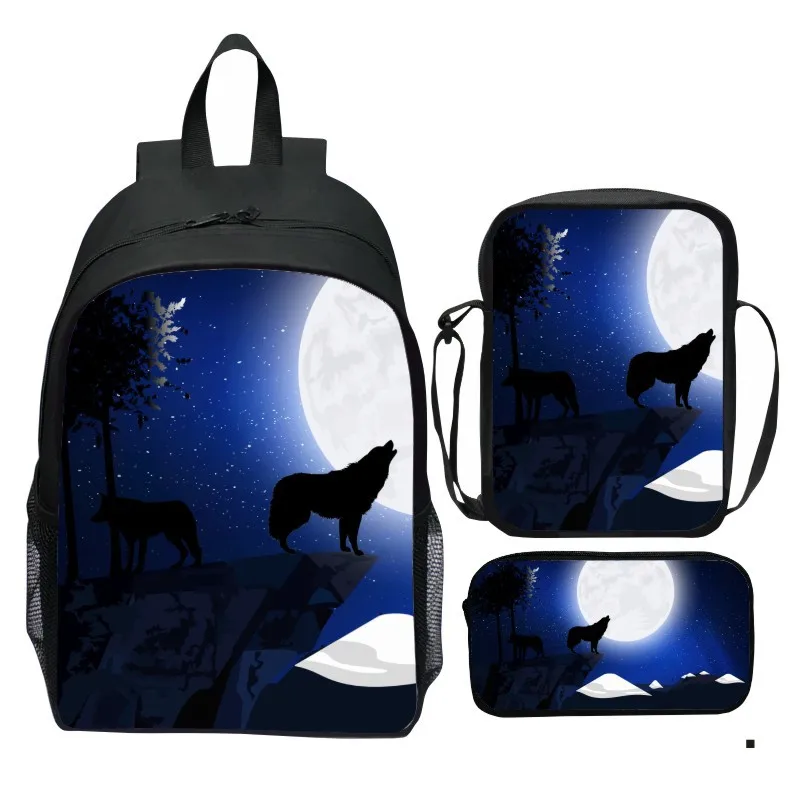 حقيبة ظهر مطبوعة على شكل سماء مرصعة بالنجوم من الكون مكونة من 3 قطع على شكل حيوان وولف أسد حقيبة كتف صغيرة حقيبة أقلام