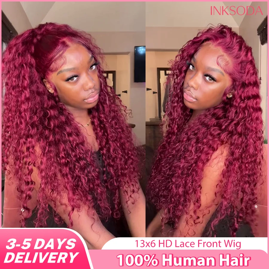 

Burgundy Curly 13x4 Lace Front Human Hair Wigs Deep Wave 13x6 HD Transparent Frontal Wig Colored 99j Preplucked For Women 220%