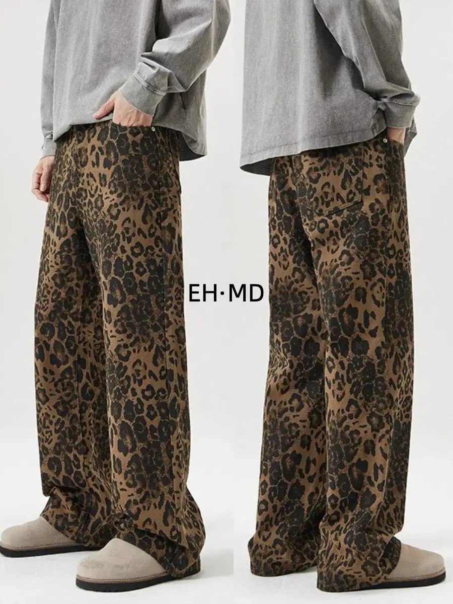 

Men's Casual Straight-Leg Pants Leopard Print Embroidery Jeans Hanging Style Camouflage Cotton Elastic Waist Versatile Trendy 25