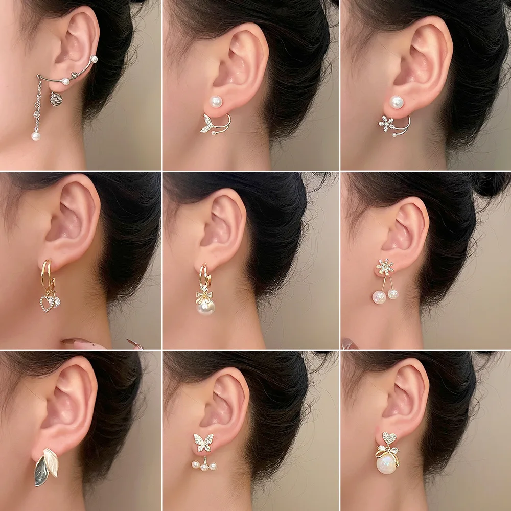 Fashion Light Luxury Simple Pearl Flower Earrings Korean Woman INS  Fishtail, Heart-Shape Earrings Delicate Ear Accessories