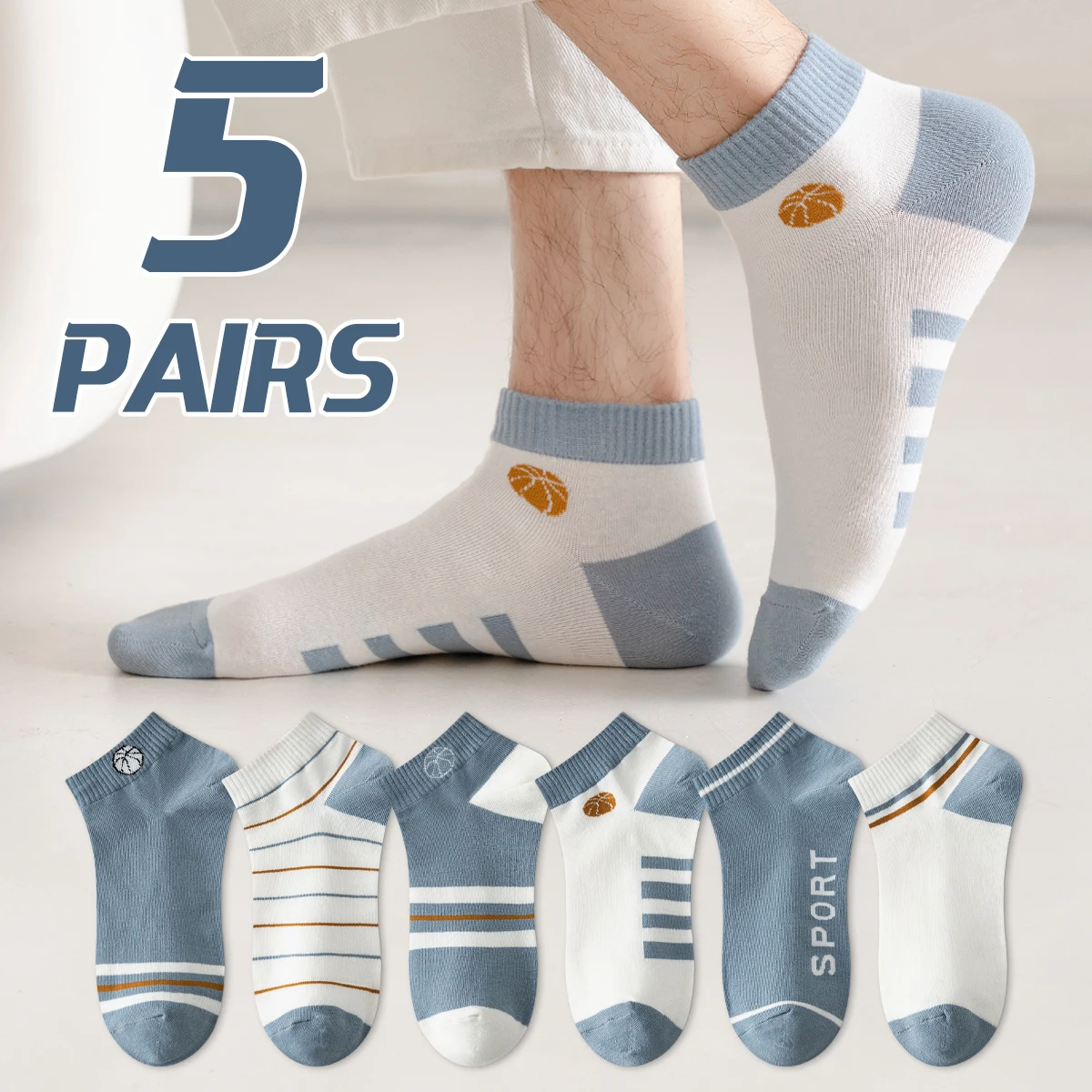 5 Pairs of Men's Spring and Autumn Fashion Striped Letter Slogan Sports College Style Summer Comfortable Breathable Short Socks