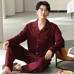 High Quality M-4XL Men Pajamas Set 100% Cotton Turn-down Collar Sleepwear Male Autumn Pyjamas