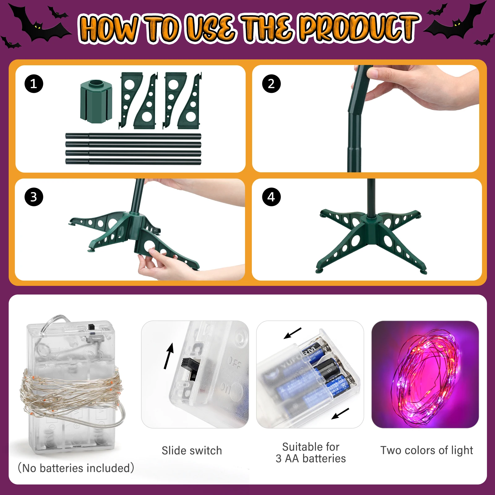 5Ft Halloween Pop Up Artificial Tree with Glitter Pumpkin Ornaments Orange Purple LED Lights No Battery Included Metal Foil Tree for Halloween Party Home Living Room Decor 4