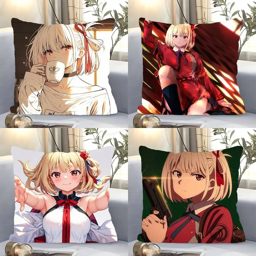 Chisato Nishikigi Anime Lycoris Recoil Pillow Case Fashion Square Pillowcase Bedroom Sofa Room Ins Decoration Leisure