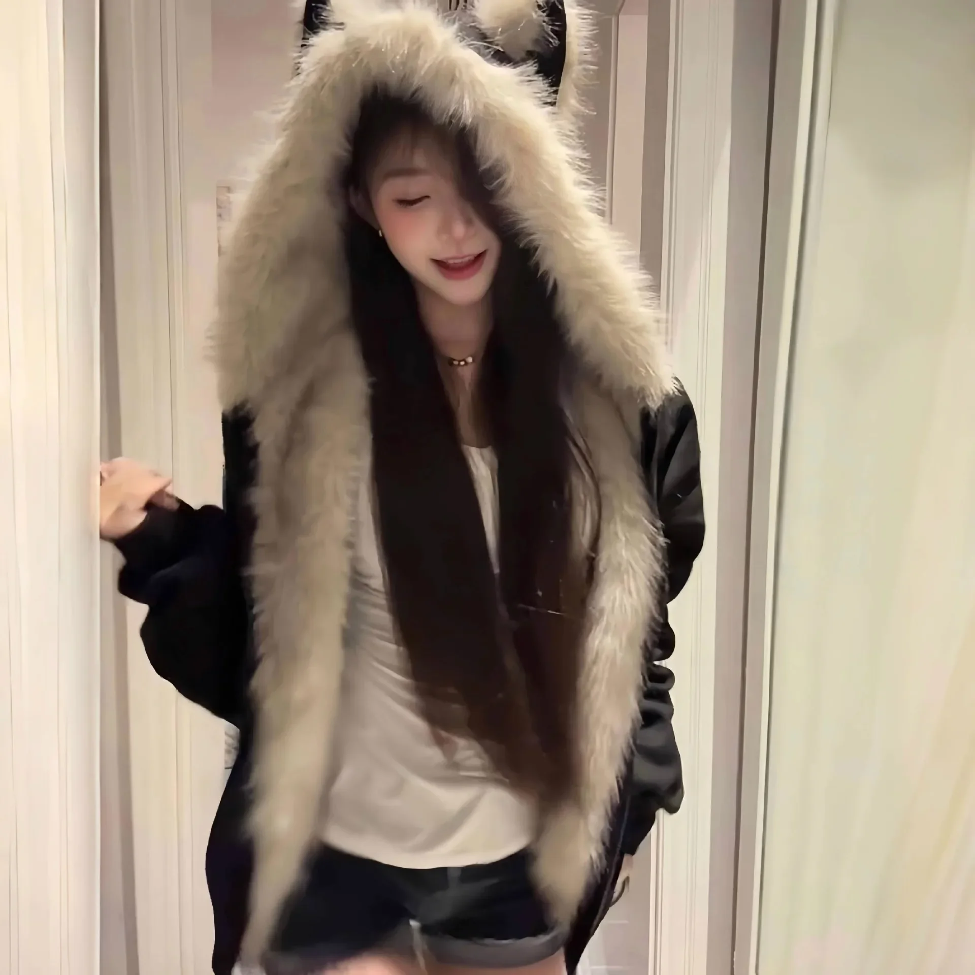 

Autumn Winter Coat Cat Ears Couple Matching Korean Style Long Sleeve Coat Black Suede Collar Cotton Jacket Women's Thickened