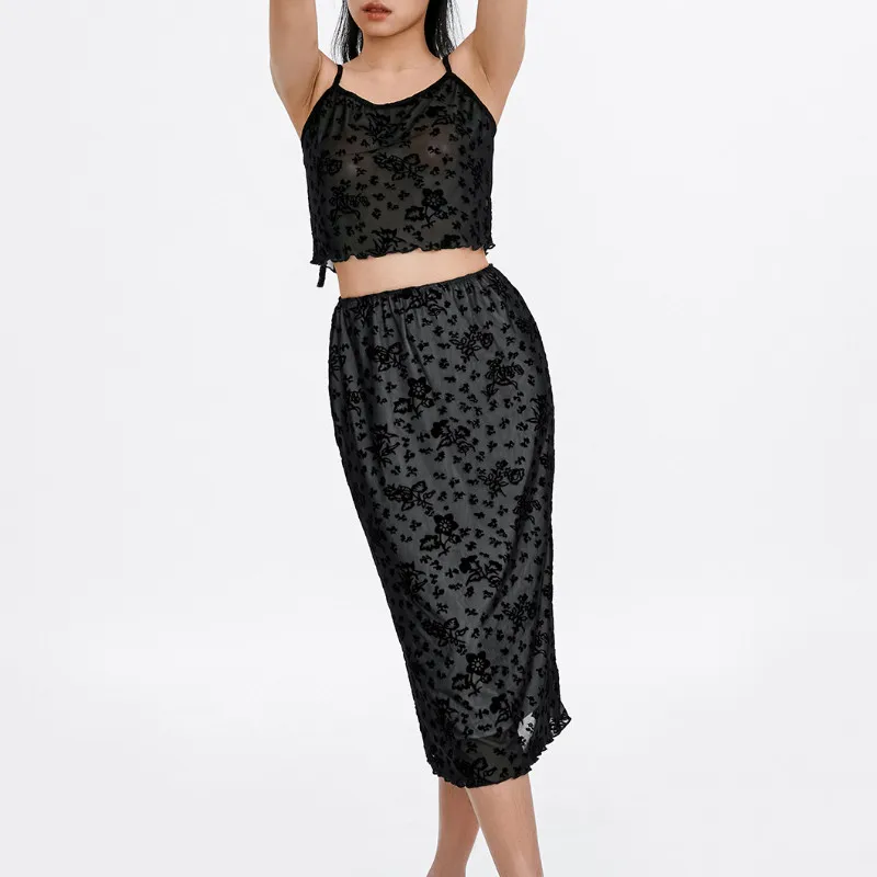 Women Sexy Two Piece Skirt Sets Summer Clothes Outfits See Through Lace Camisole Tops and Midi Bodycon Skirts Half Dress Sets