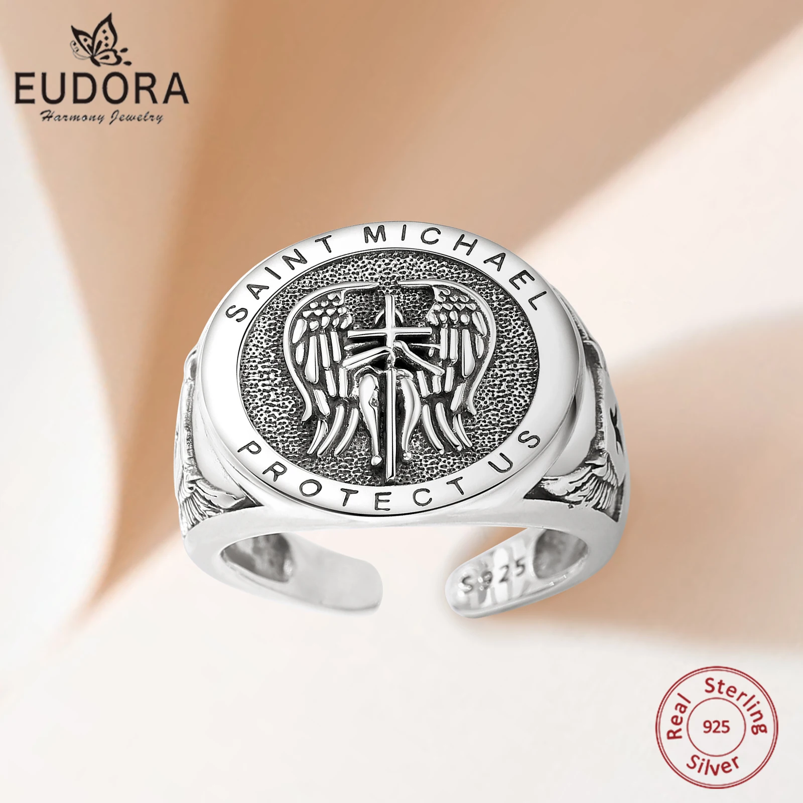 Eudora 925 Sterling Silver St. Michael archangel Adjustable Ring Retro Saint Michael Amulet Ring Religious Jewelry Gift for Man
