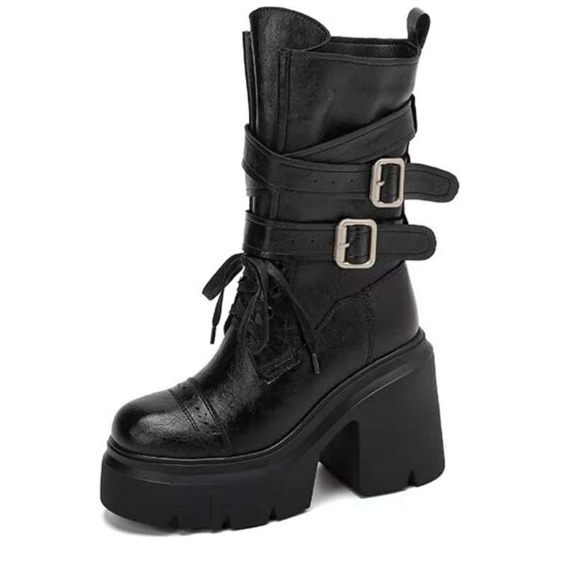 

2025 New 9cm Autumn And Winter Western Mid-tube Boots Round Toe Metal Belt Buckle Sleeve Platform Non-slip Block Heel Shoes