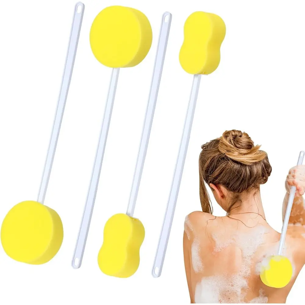 

4 Pcs Long Handle Bath Sponge Yellow Back Sponge on a Stick Round and 8 Shape Back Washer for Shower White Handle Butt Scrubber