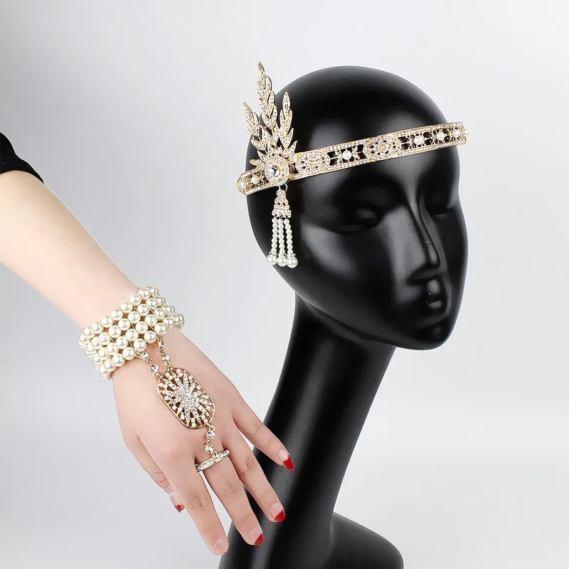 Gatsby Ball Party Hair Accessory Bridal Crown Makeup Headpiece Pearl Tassel Alloy Rhinestone Headband