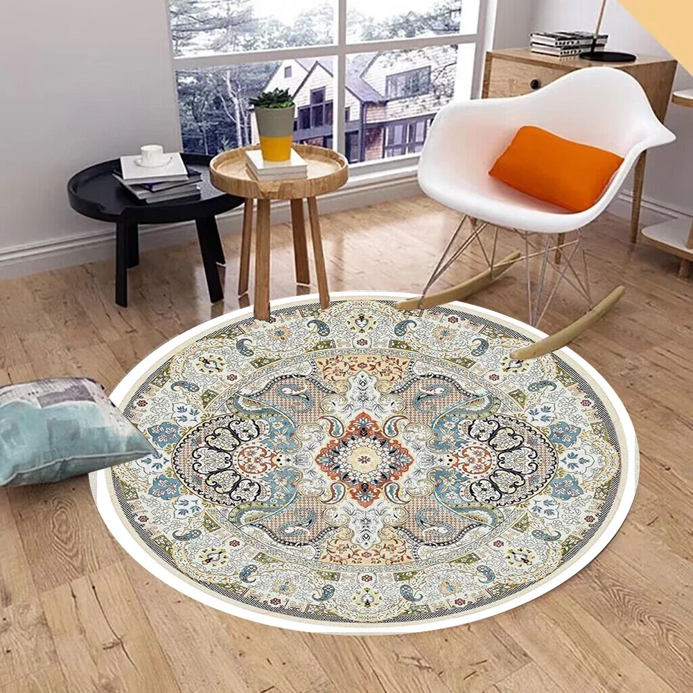 Boho Round Rug with Floral Mandala Pattern – Non-Slip Floor Mat for Bohemian Home Decor