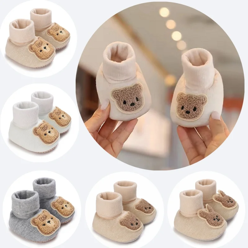 Toddler Learning Walk Shoes, Cute Bear Rabbit Patch Baby Booties, Boys Girls Warm Cotton Cuff Infant Crib Shoes for 0-18M